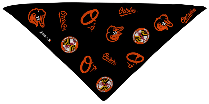 MLB licensed Baltimore Orioles Play Cooling Bundle: Cooling Triangle Bandana with All Over logo. Made in USA. Vertical Athletics Brand. 
