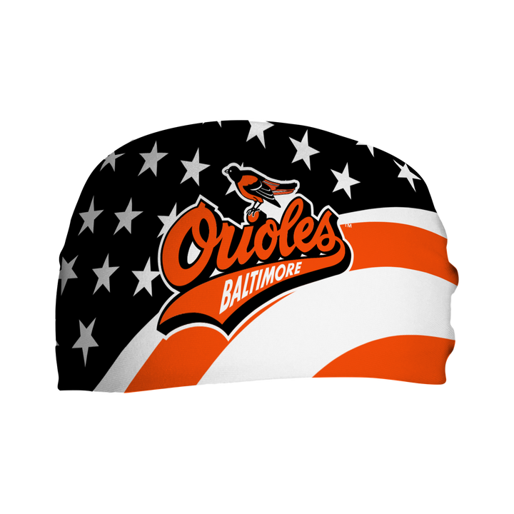 MLB Baltimore Orioles Stars and Stripes cooling headband with Coop Logo. Made in USA, Vertical Athletics brand.  