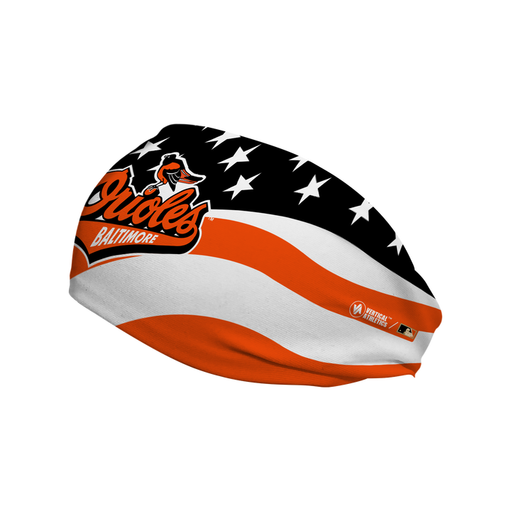 MLB Baltimore Orioles Stars and Stripes cooling headband with Coop Logo. Made in USA, Vertical Athletics brand.
