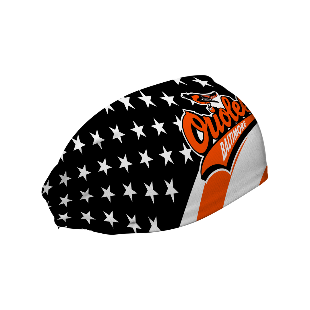 MLB Baltimore Orioles Stars and Stripes cooling headband with Coop Logo. Made in USA, Vertical Athletics brand.