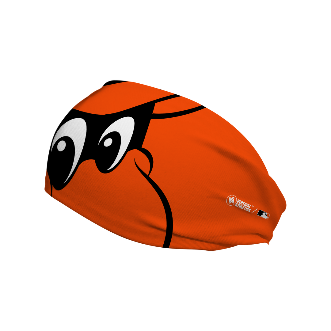 MLB Baltimore Orioles cooling headband with the Oriole Bird mascot stare. Made in USA, Vertical Athletics brand. 