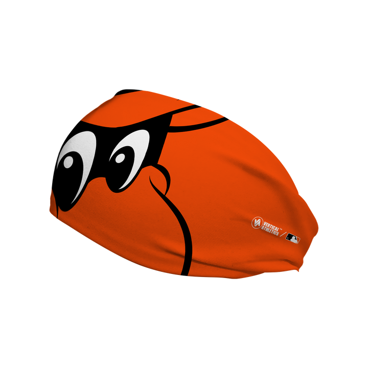 MLB Baltimore Orioles cooling headband with the Oriole Bird mascot stare. Made in USA, Vertical Athletics brand. 