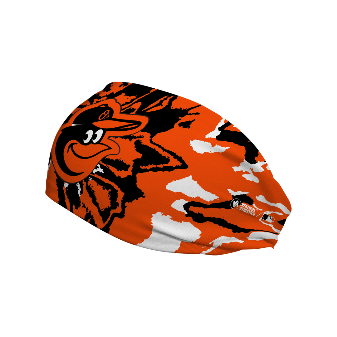 Side view of MLB Baltimore Orioles Team Tie-Dye headband with the birds logo. Made in USA, Vertical Athletics brand. Not a Junk headband.