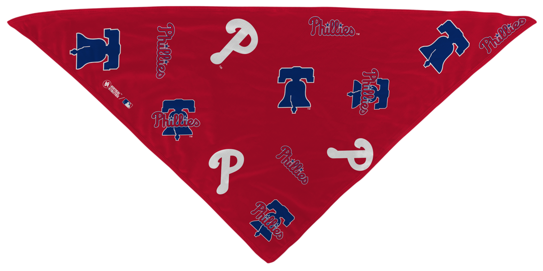 MLB Philadelphia Phillies cooling triangle bandana with team logo all over. Made in USA, Vertical Athletics brand.