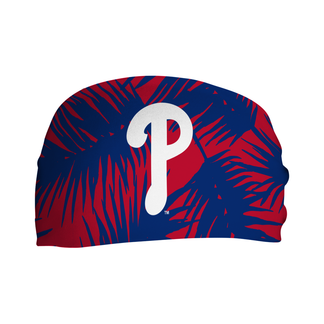 MLB licensed Philadelphia Phillies Big Palm headband with cap logo. Made in the USA, Vertical Athletics brand. 