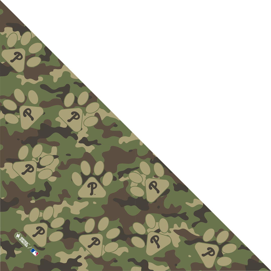 MLB Philadelphia Phillies Camo paw print triangle bandana with cap logo. Made in USA, Vertical Athletics brand.  