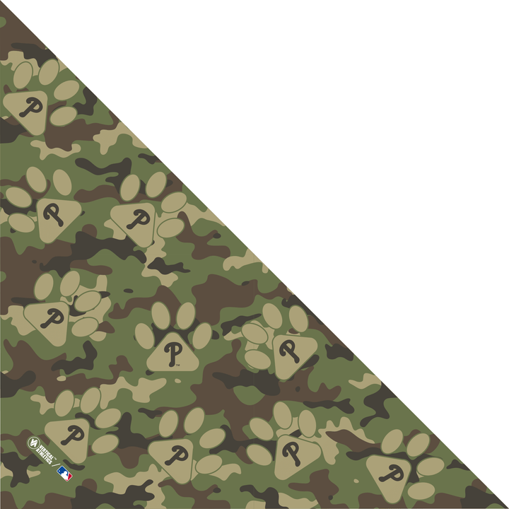 MLB Philadelphia Phillies Camo paw print triangle bandana with cap logo. Made in USA, Vertical Athletics brand.  