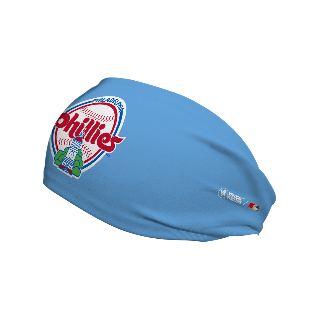 MLB Philadelphia Phillies light blue headband with alt coop logo. Made in USA, Vertical Athletics brand.