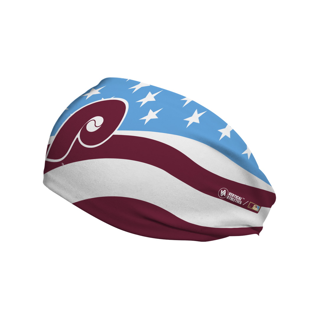 Side view of MLB Philadelphia Phillies Coop Stars and Stripes cooling headband with Retro cap logo. Made in USA, Vertical Athletics brand.  