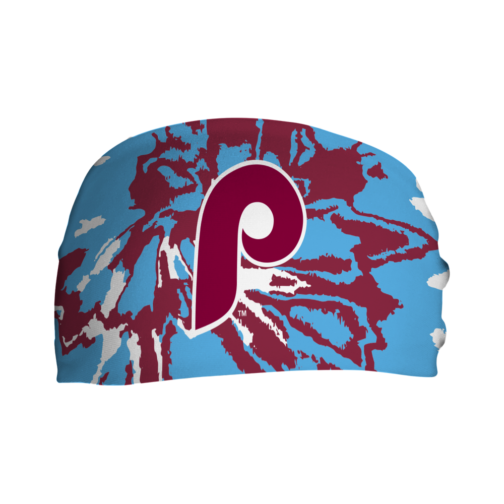MLB Philadelphia Phillies headband team tie-dye with Coop Logo. Made in the USA, Vertical Athletics brand.