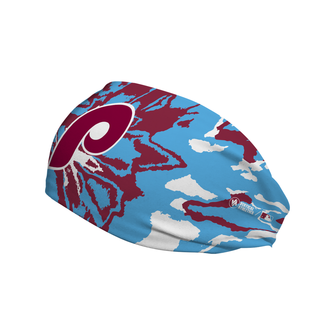 MLB Philadelphia Phillies headband team tie-dye with Coop Logo. Made in the USA, Vertical Athletics brand.