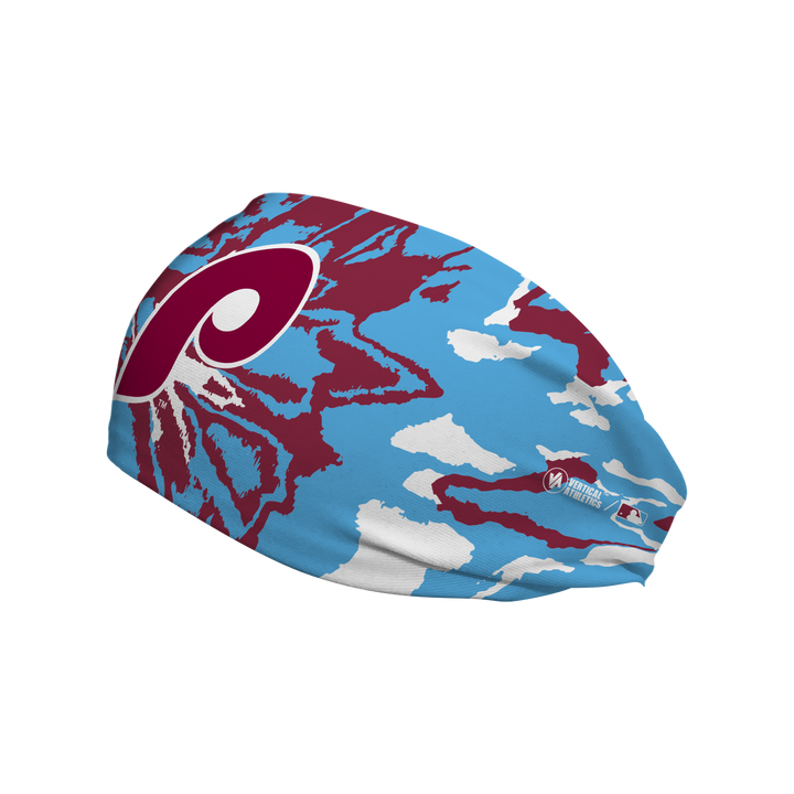 MLB Philadelphia Phillies headband team tie-dye with Coop Logo. Made in the USA, Vertical Athletics brand.