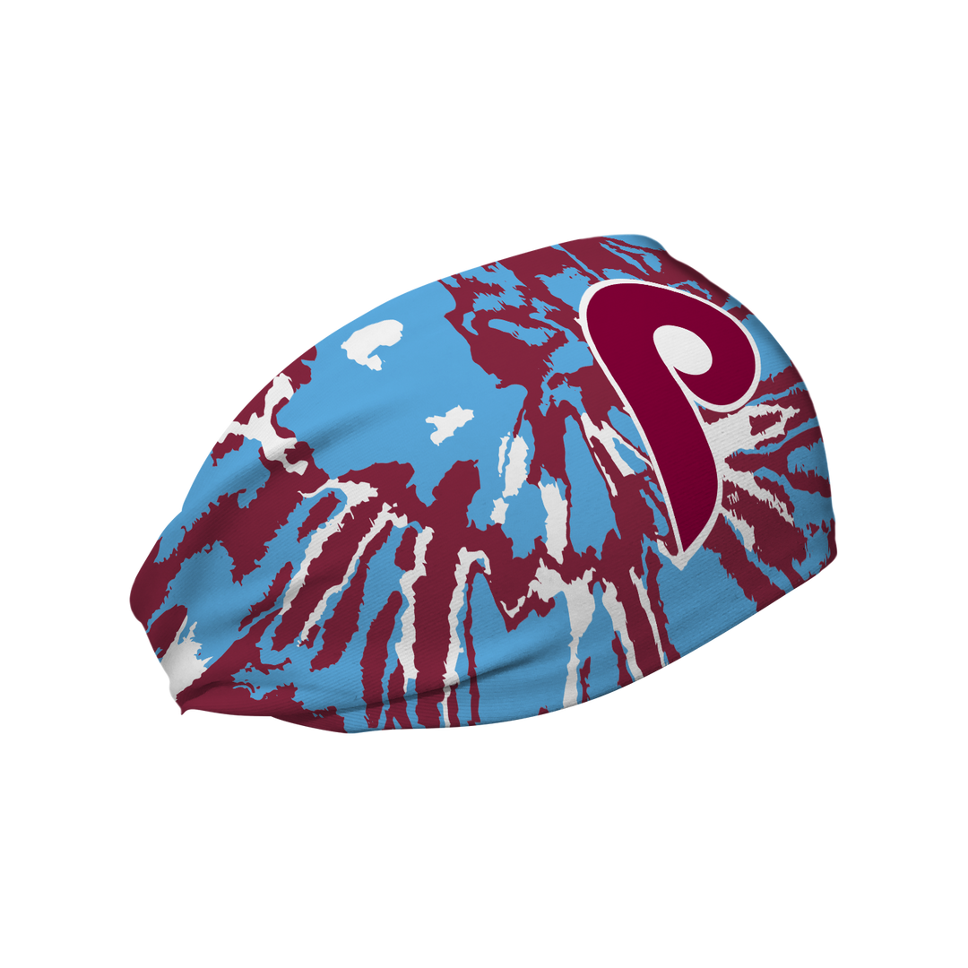 MLB Philadelphia Phillies headband team tie-dye with Coop Logo. Made in the USA, Vertical Athletics brand.