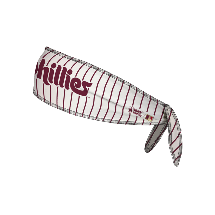Side view of Philadelphia Philies White Pinstripe Tie-Back Cooling Headband with Coop Wordmark Logo. Made in USA, Vertical Athletics brand.   