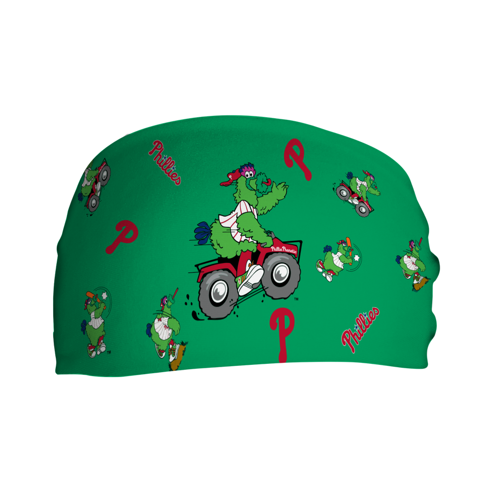 MLB Phillies Phanatic Scatter Green cooling headband. Made in USA, Vertical Athletics brand.