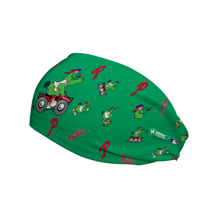 MLB Phillies Phanatic Scatter Green cooling headband. Made in USA, Vertical Athletics brand.