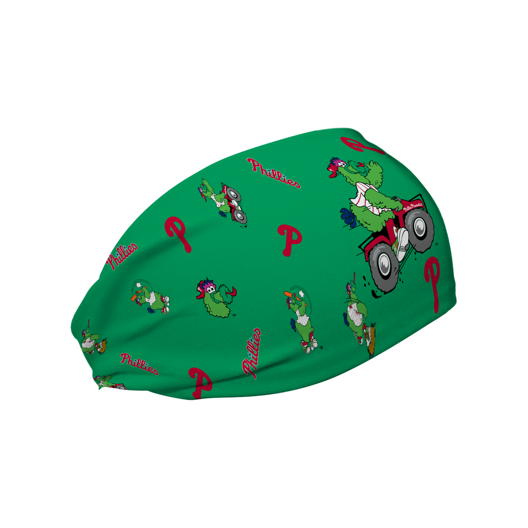 MLB Phillies Phanatic Scatter Green cooling headband. Made in USA, Vertical Athletics brand.