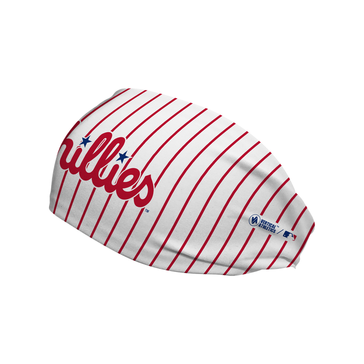 Side view of Philadelphia Phillies pinstripe headband with wordmark logo. Made in USA, Vertical  Athletics brand. 