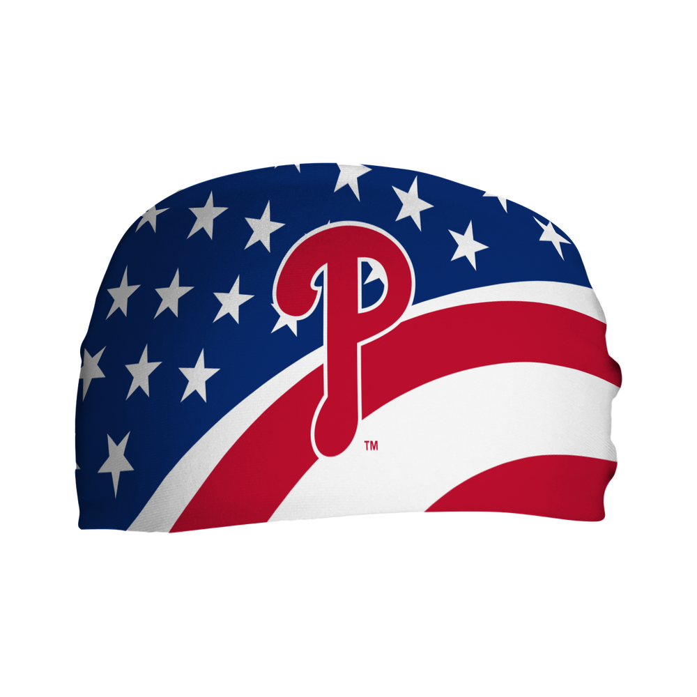 MLB Philadelphia Phillies Stars and Stripes cooling headband with cap logo. Made in USA, Vertical Athletics brand. 