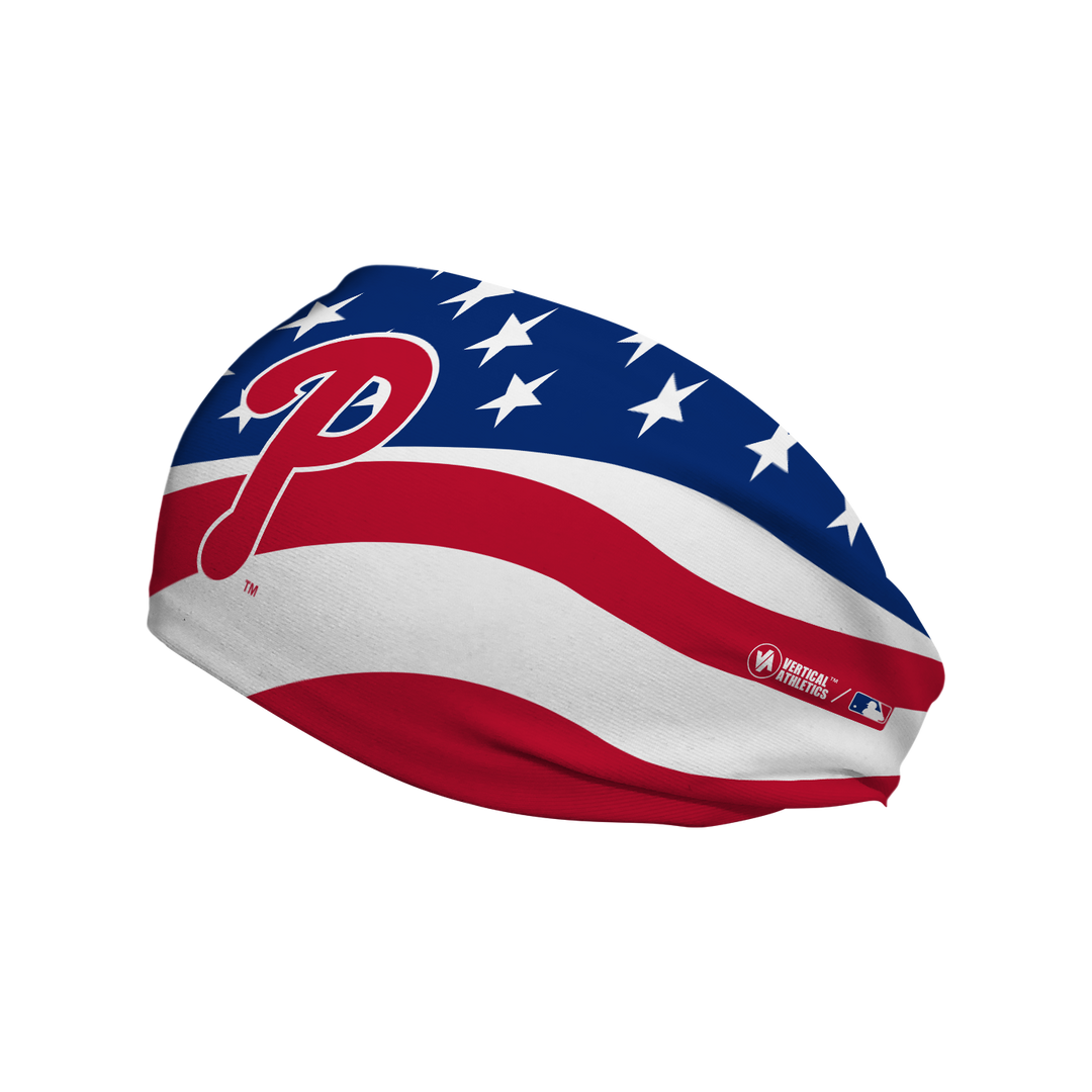 MLB Philadelphia Phillies Stars and Stripes cooling headband with cap logo. Made in USA, Vertical Athletics brand. 