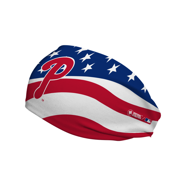 MLB Philadelphia Phillies Stars and Stripes cooling headband with cap logo. Made in USA, Vertical Athletics brand. 
