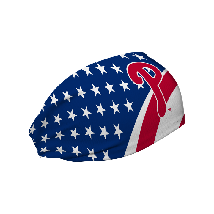 MLB Philadelphia Phillies Stars and Stripes cooling headband with cap logo. Made in USA, Vertical Athletics brand. 