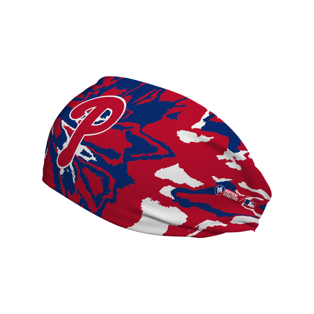 Side view of MLB Philadelphia Phillies tie-dye headband with alt cap logo. Made in USA, Vertical Athletics brand.  