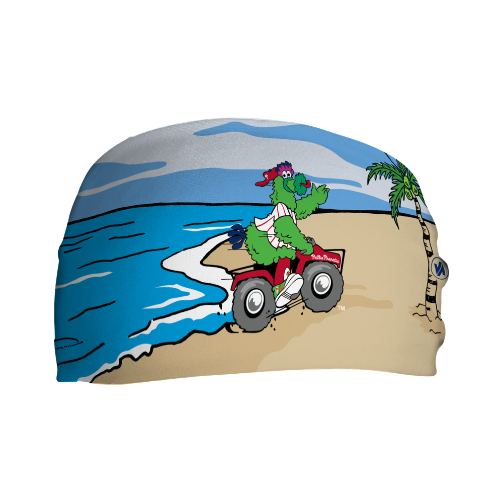 MLB Philadelphia Phillies cooling headband with Phillies Phanatic on the Beach. Made in USA, Vertical Athletics brand.