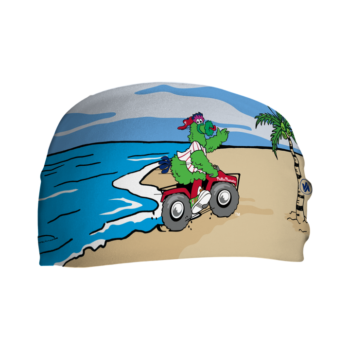 MLB Philadelphia Phillies cooling headband with Phillies Phanatic on the Beach. Made in USA, Vertical Athletics brand.