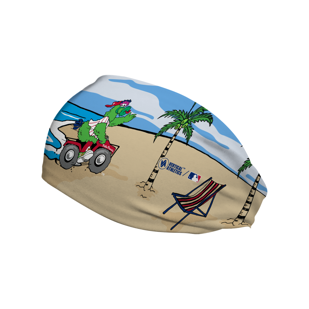 MLB Philadelphia Phillies cooling headband with Phillies Phanatic on the Beach. Made in USA, Vertical Athletics brand.
