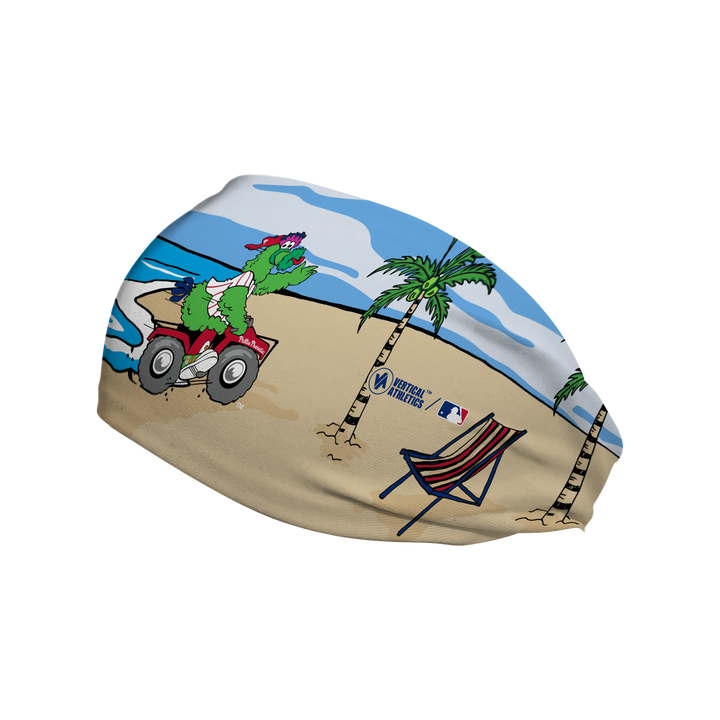 MLB Philadelphia Phillies cooling headband with Phillies Phanatic on the Beach. Made in USA, Vertical Athletics brand.