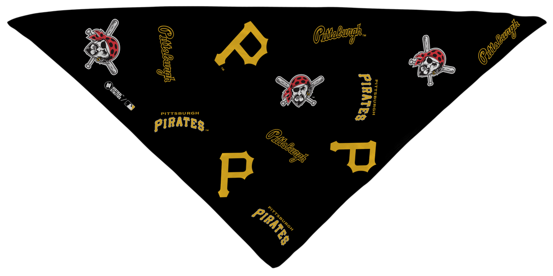 MLB Pittsburgh Pirates triangle cooling bandana with team logos all over. Made in the USA, Vertical Athletics brand.