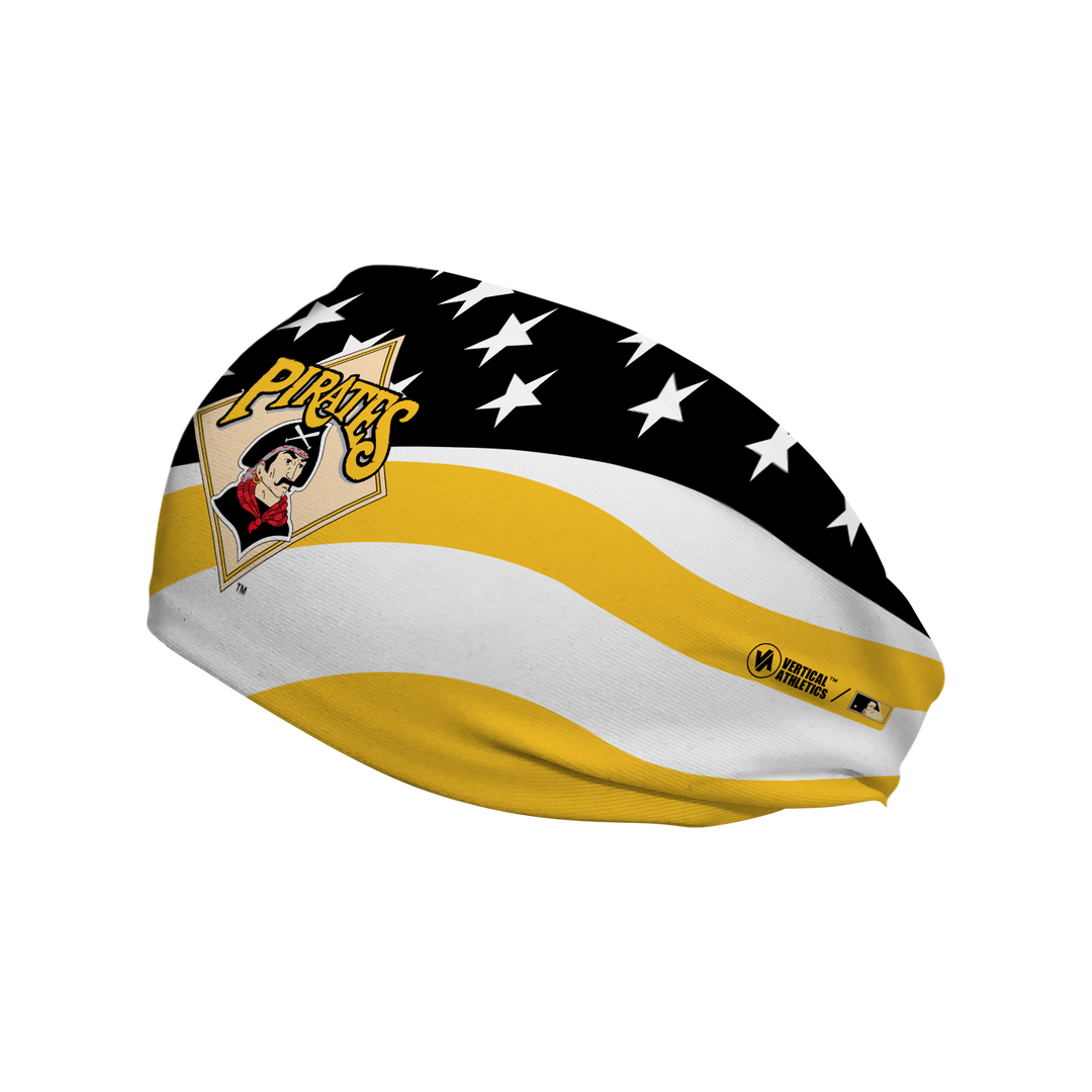 MLB Pittsburgh Pirates Stars and Stripes cooling headband with Coop Logo. Made in USA, Vertical Athletics brand. 