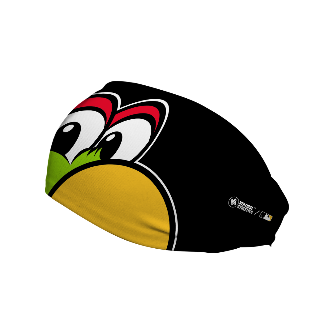 MLB Pittsburgh Pirates cooling headband with Pirate Parrot mascot stare. Made in USA, Vertical Athletics brand. 