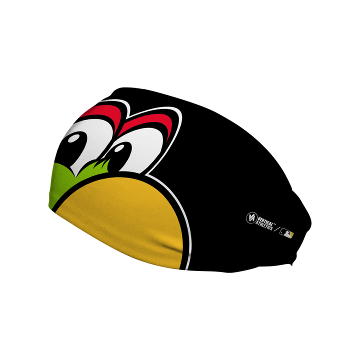 MLB Pittsburgh Pirates cooling headband with Pirate Parrot mascot stare. Made in USA, Vertical Athletics brand. 