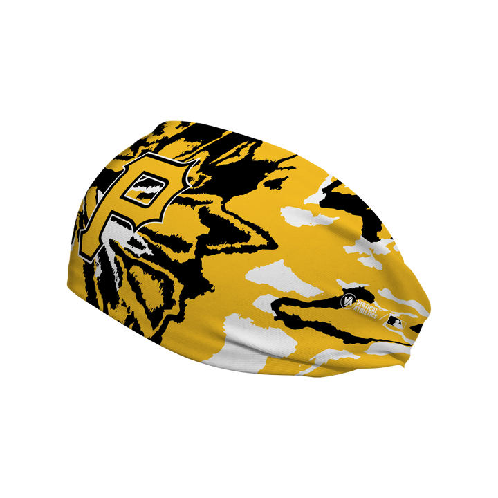 Side view of MLB Pittsburgh Pirates tie-dye headband with alt cap logo. Made in USA, Vertical Athletics brand. 