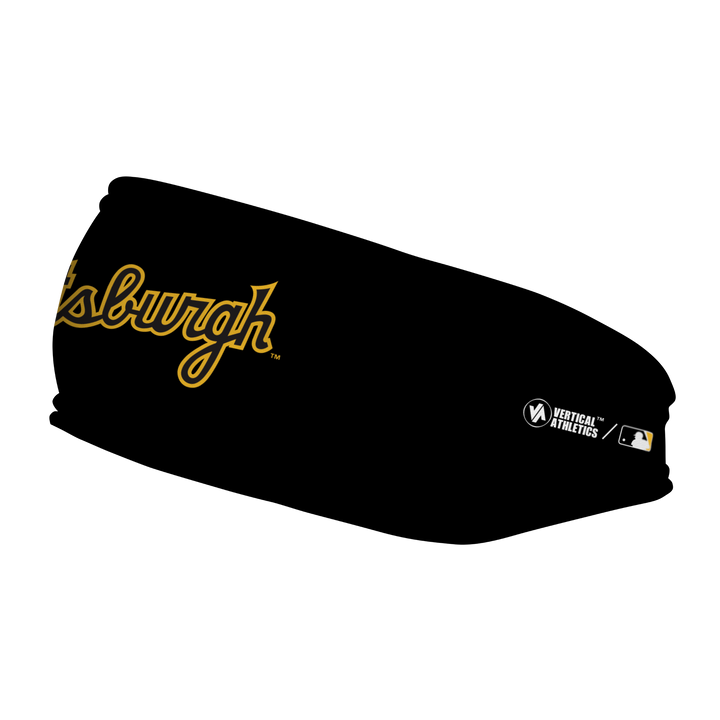 MLB Pittsburgh Pirates fleece headband with Wordmark. Made in the USA, Vertical Athletics brand.  