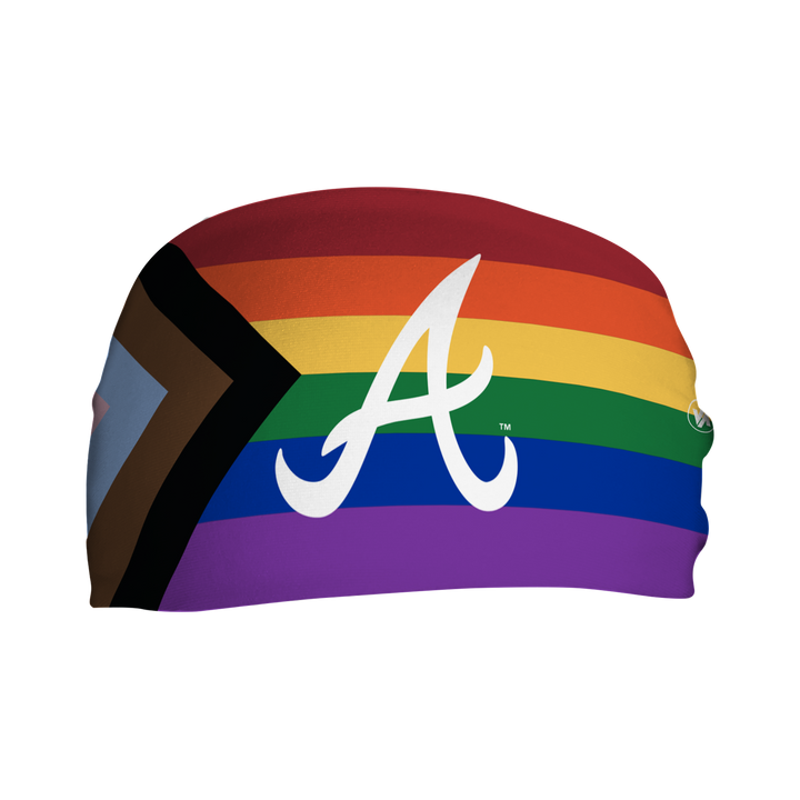 Front view of MLB Atlanta Braves progressive pride flag  headband with cap logo. Made in USA, Vertical Athletics brand. 