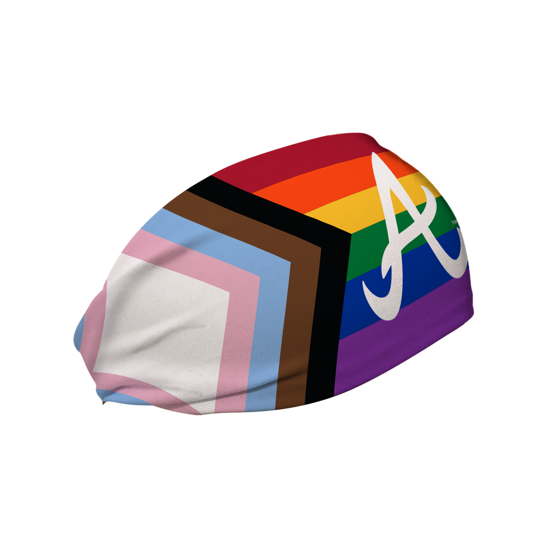 Side view of MLB Atlanta Braves progressive pride flag  headband with cap logo. Made in USA, Vertical Athletics brand. 