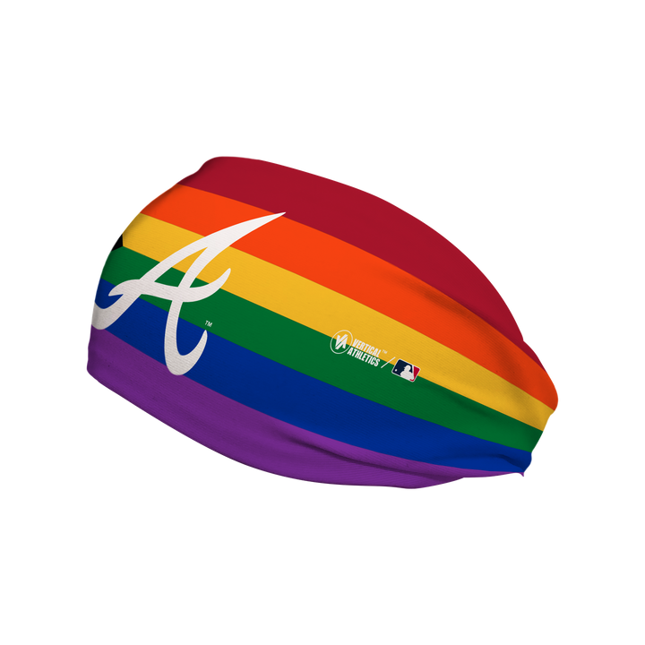 Side view of MLB Atlanta Braves progressive pride flag  headband with cap logo. Made in USA, Vertical Athletics brand. 