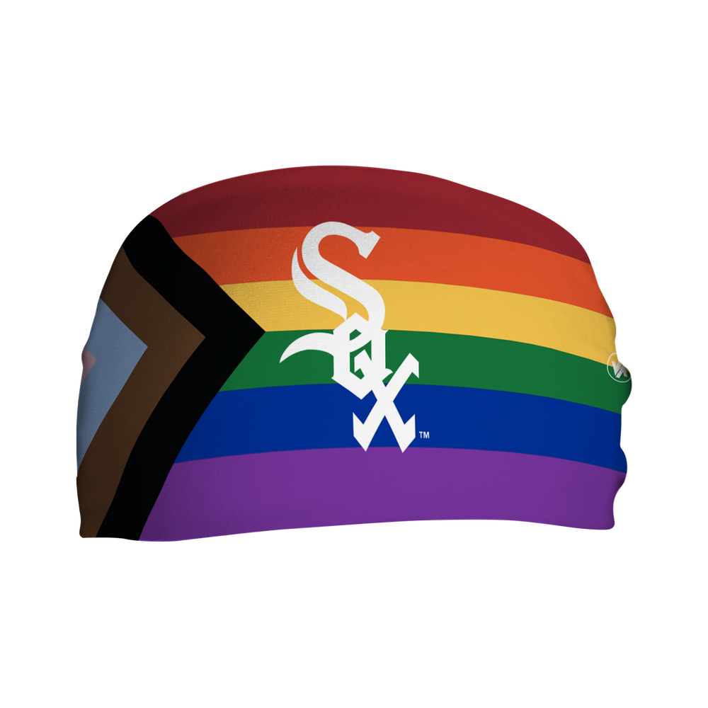 Front view of MLB Chicago White Sox pride flag headband with cap logo. Made in USA, Vertical Athletics brand.
