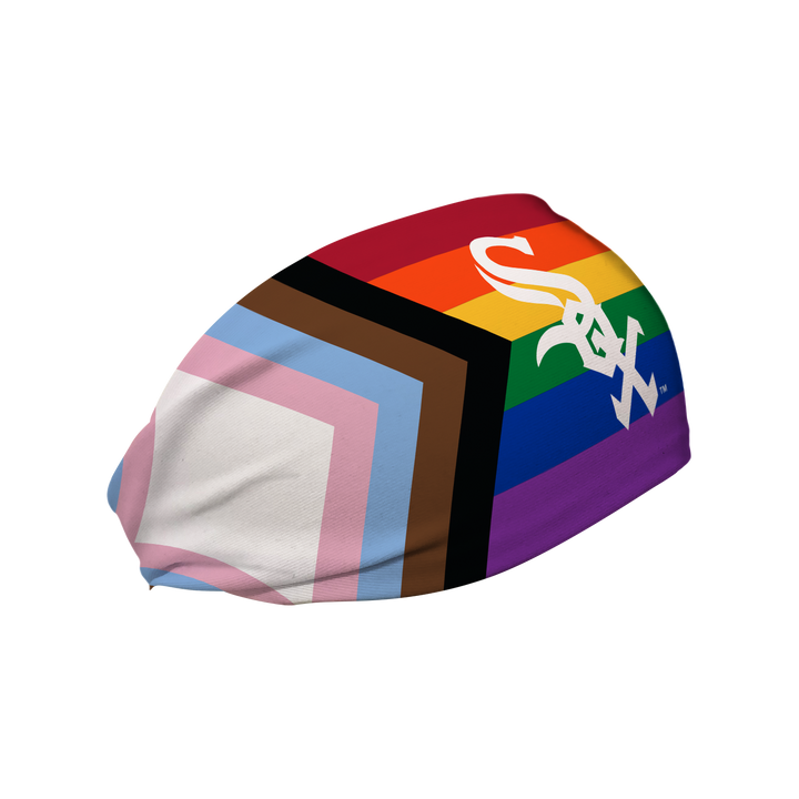 Side view of MLB Chicago White Sox pride flag headband with cap logo. Made in USA, Vertical Athletics brand.