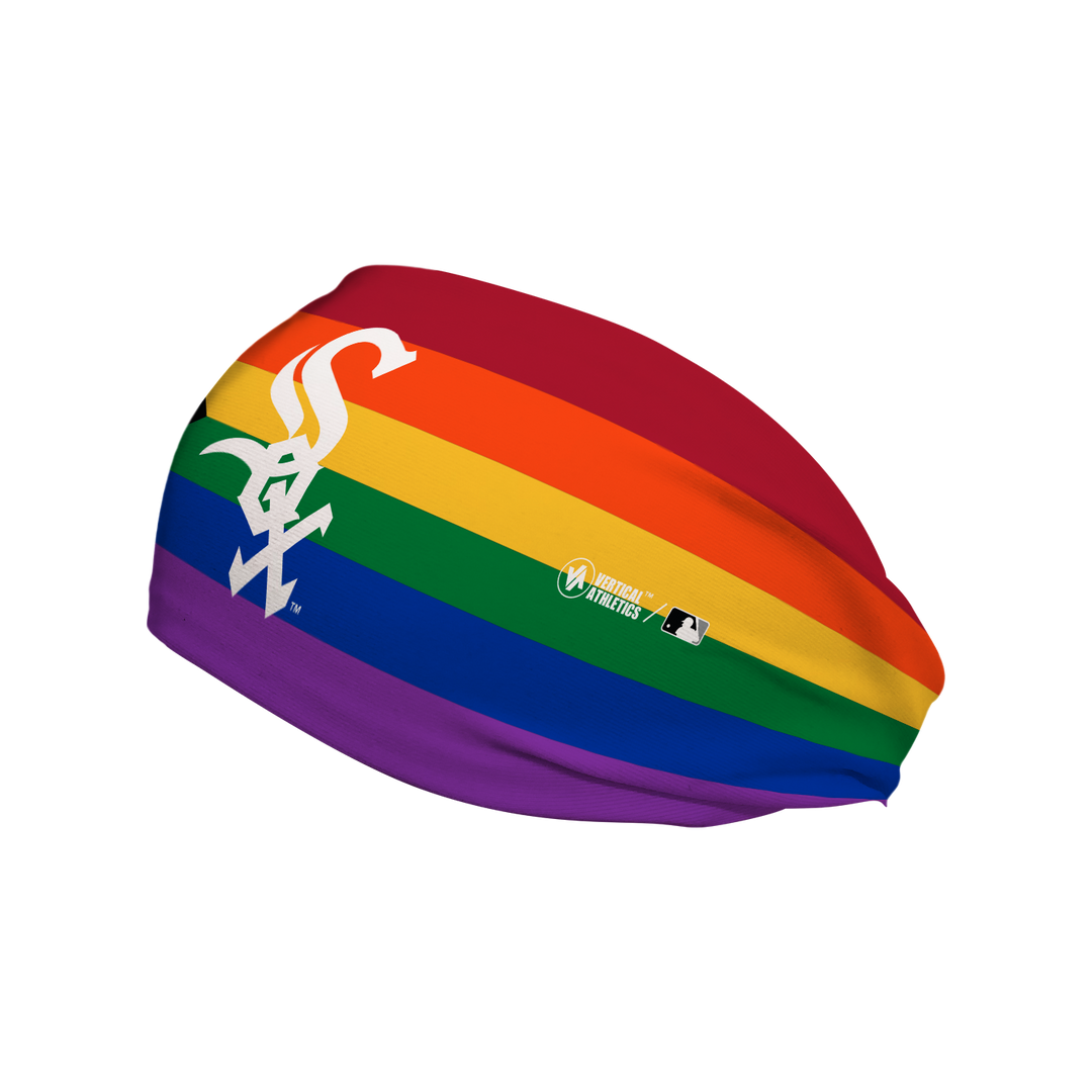 Side view of MLB Chicago White Sox pride flag headband with cap logo. Made in USA, Vertical Athletics brand. 