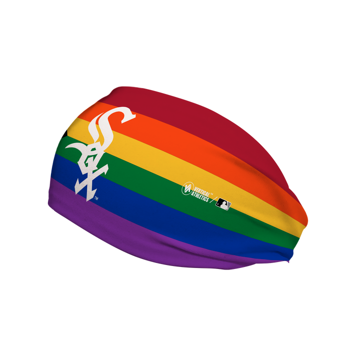 Side view of MLB Chicago White Sox pride flag headband with cap logo. Made in USA, Vertical Athletics brand. 
