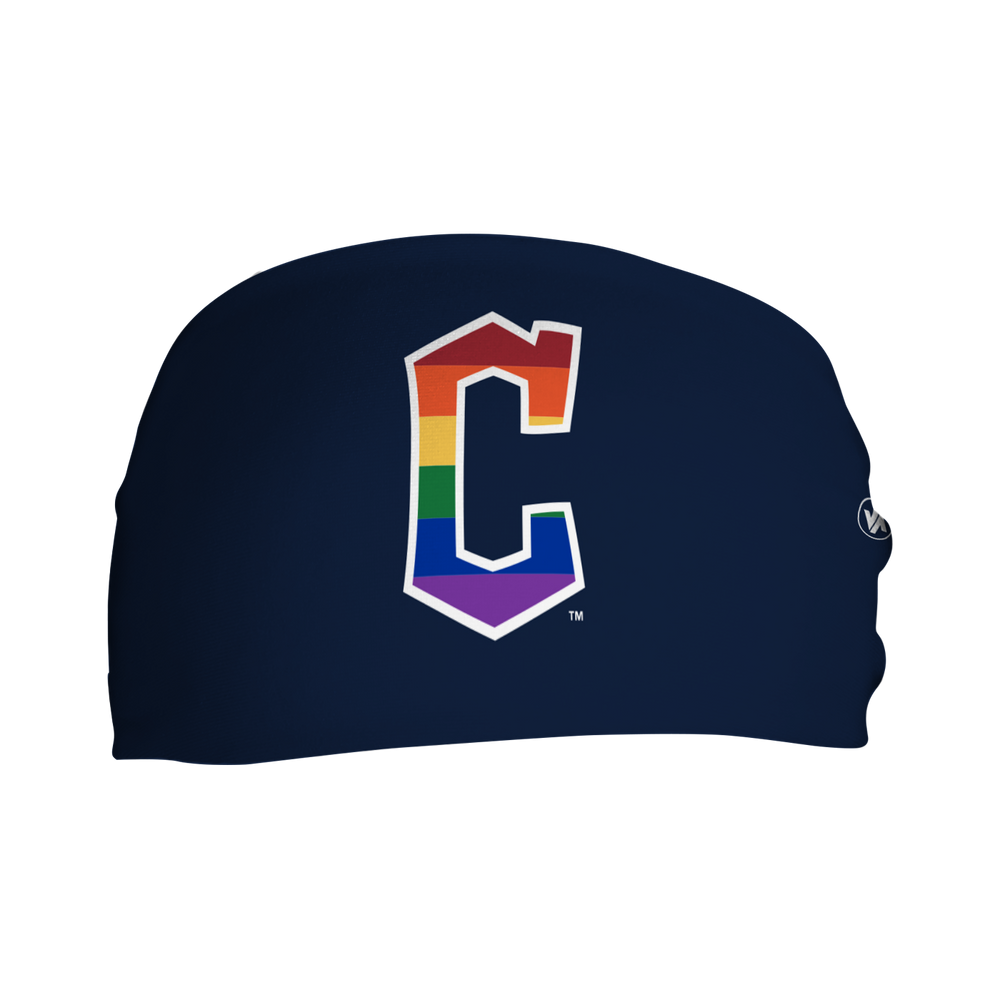 Front view of MLB Cleveland Guardians brown cooling headband navy with pride filled cap logo. Made in USA, Vertical Athletics brand.
