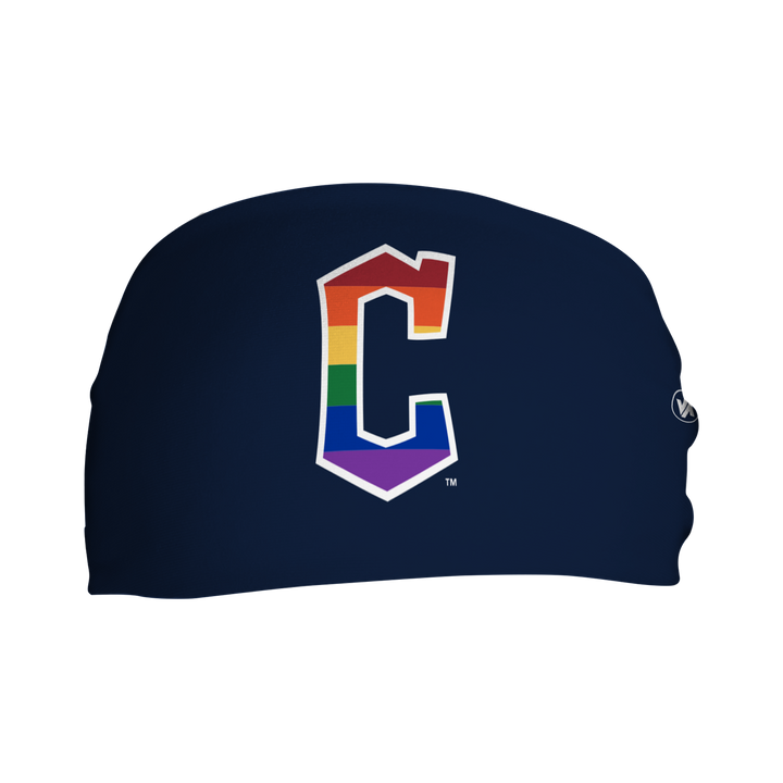 Front view of MLB Cleveland Guardians brown cooling headband navy with pride filled cap logo. Made in USA, Vertical Athletics brand.
