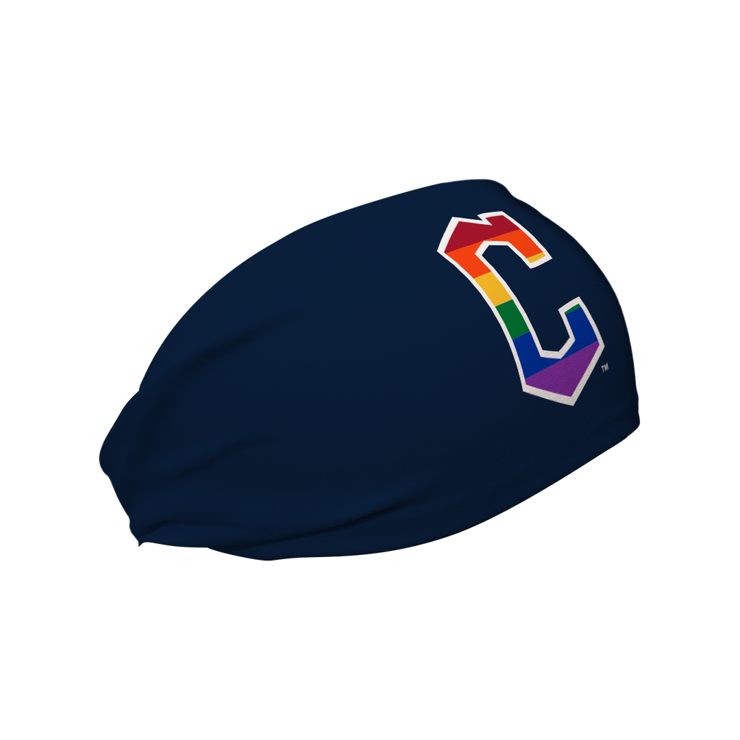 Side view of MLB Cleveland Guardians brown cooling headband navy with pride filled cap logo. Made in USA, Vertical Athletics brand. 