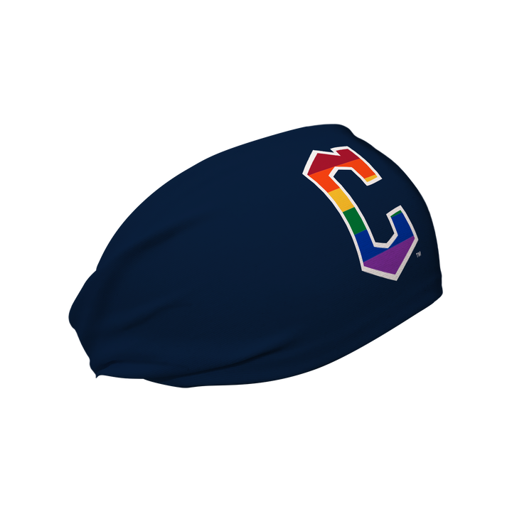 Side view of MLB Cleveland Guardians brown cooling headband navy with pride filled cap logo. Made in USA, Vertical Athletics brand. 