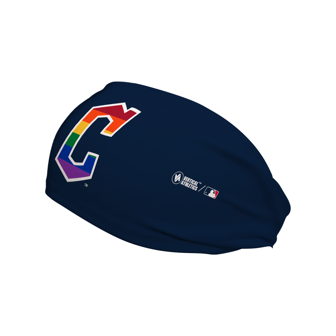 Side view of MLB Cleveland Guardians brown cooling headband navy with pride filled cap logo. Made in USA, Vertical Athletics brand. 