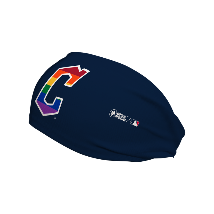 Side view of MLB Cleveland Guardians brown cooling headband navy with pride filled cap logo. Made in USA, Vertical Athletics brand. 